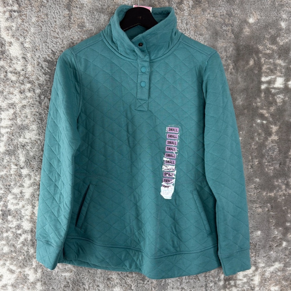 NEW Modren Canvas Size S Minimalist Quilted Snap Button Mock Neck Sweater‎ Blue